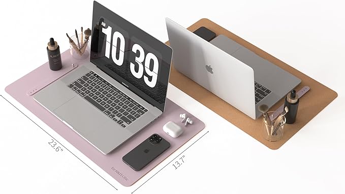 RENMTURE Dual-Sided Large Desk Pad, Faux Leather Natural Cork Mouse pad, Desk Accessories Protector, for Office and Home Work (Dusky Pink, 23.6" x 13.7")