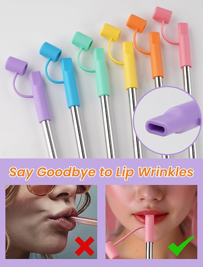 NiHome 6PCS Reusable Anti-Wrinkle Straw Set Fit for Stanley Tumblers, 3 Lengths Stainless Steel Drinking Straws with Silicone Tips Fit for 14oz 20oz 30oz 40oz, Protective Caps & Brushes (6 Colors)