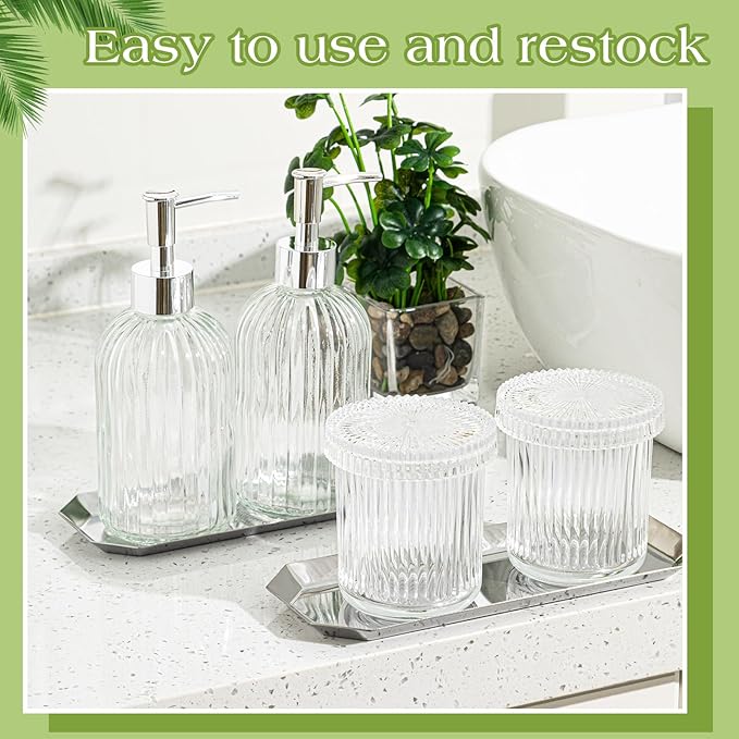 Yaomiao 7 Pack Clear Glass Bathroom Accessories Set, 2 Pcs Cotton Swabs Jar with Lids, 2 Pcs 18 oz Soap Dispenser with Pump and 2 Trays and Labels for Bathroom Kitchen Counter Organizer Vintage Gift
