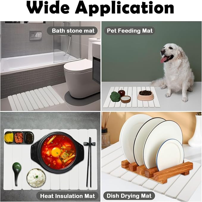 Large Stone Dish Drying Mat for Kitchen Counter, 24"(L)x16"(W) Quick Dry Eco-Friendly Collapsible Absorbent Diatomaceous Earth Mats for Dishes Bottles Cups, Match Any Countertop