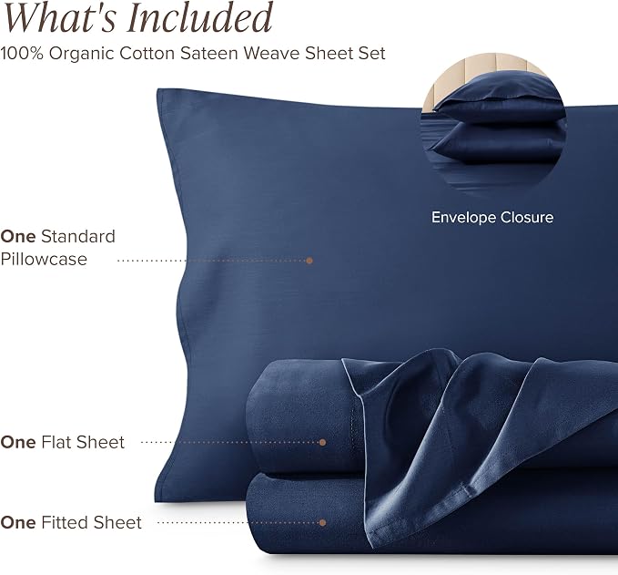 Bare Home 100% Organic Cotton Twin Sheet Set - 400 Thread Count - Smooth Sateen Weave - Breathable & Cooling - Hotel Luxury Set - Deep Pocket Bed Sheets (Twin XL, Dark Blue)