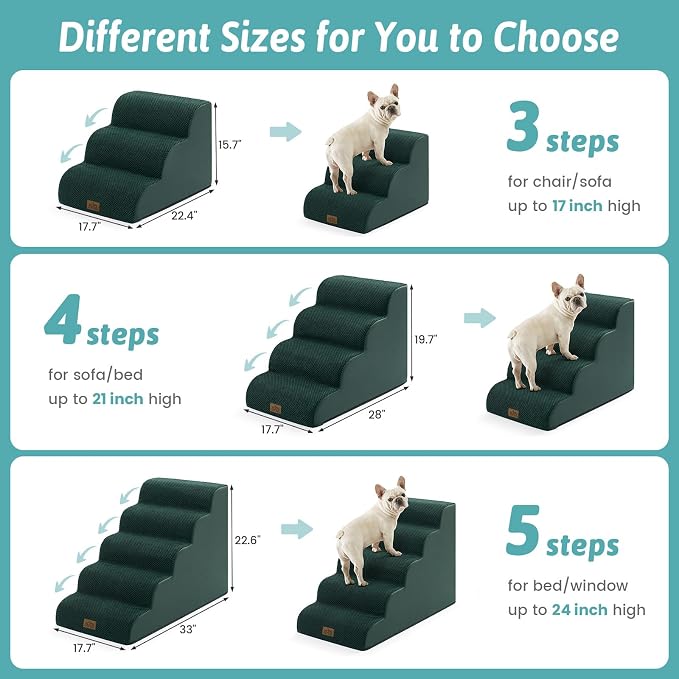 COZY KISS Wide Dog Stairs for Small Dog 22.6" H, Curved Pet Step for Puppy, Older Cat, Curved Ramp for High Bed or Car, Ladder with High Density Foam, Durable, 5 Step, 17.7x33x22.6 inch, Dark Green