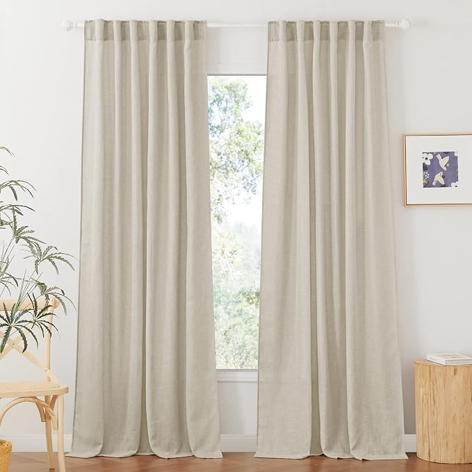 RYB HOME Sheer Curtains 95 inches Long - Linen Texture Semi Sheer Draperies Light Airy Breezy Window Decor for Sun Room Hotel Office Dorm Open House Bedroom, Angora, W 52 x L 95, 2 Pcs