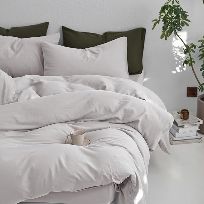 MooMee King Duvet Cover Set, 100% Washed Cotton Linen Like Twill Thick Sturdy Material Super Soft Breathable Durable Bedding for All Season, 3 Pieces (Light Gray, King 104"x90")