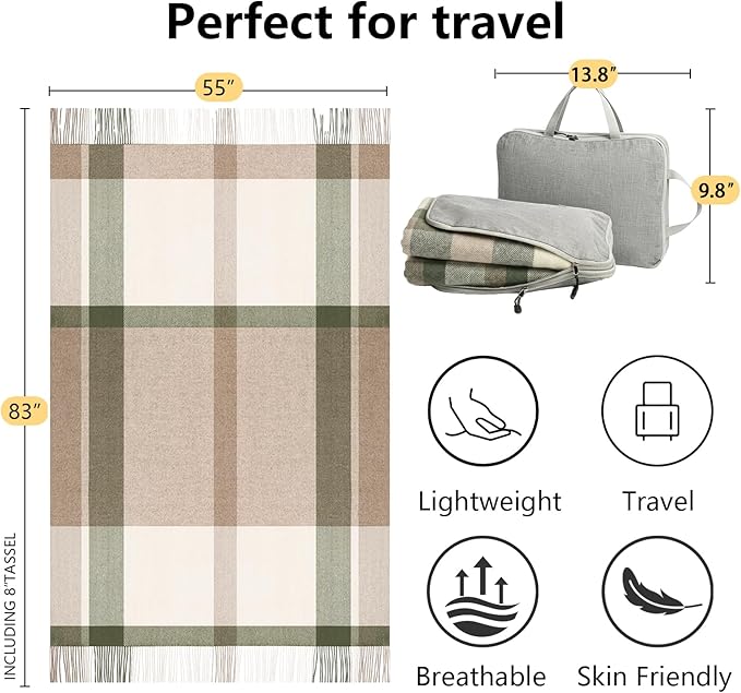 100% Wool Blanket Throw,Cream and Green Plaid Wool Blanket with Compact Bag,Rustic Soft Lightweight Blanket for Couch,Sofa,Bed & Lounging décor,Travel Blanket for Home,Airplane,Ideal Gifts 55"x83"