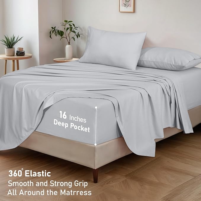 RUVANTI Flannel Sheets Full Size - GOTS Certified 100% Organic Cotton, 4 Piece Warm, Soft & Breathable Set, Deep Pocket Snug Fit, Double Brushed Cozy All Season Bedding, Light Grey