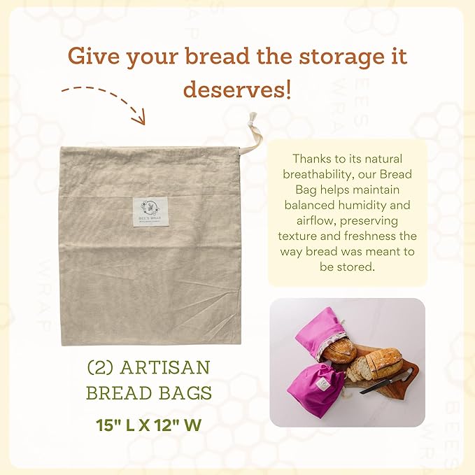 Bee’s Wrap Beeswax Bread Bag - 2 Bakery Lane Reusable Beeswax-Lined Bread Storage Bags - Breathable & Sustainable Homemade Bread Saver - Plastic Free Eco-Friendly Alternative