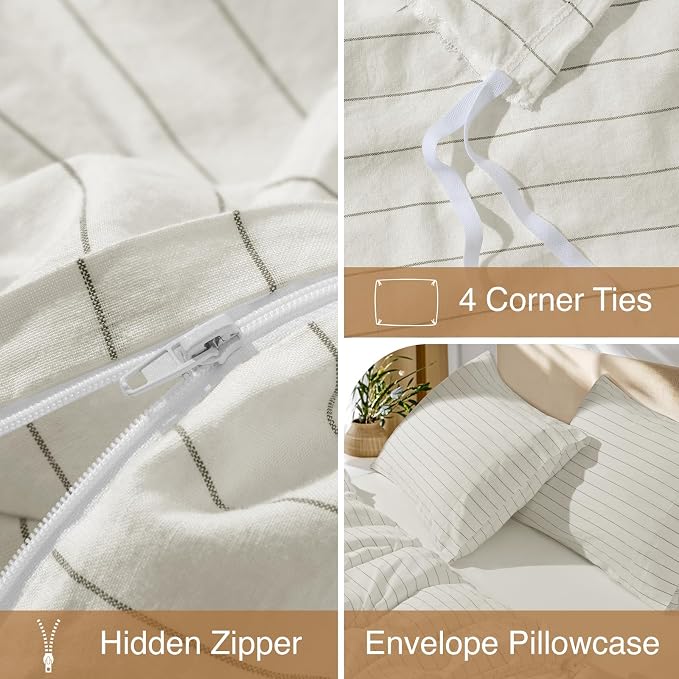 SONORO KATE 100% French Linen Duvet Cover Queen Size, Soft Breathable for Hot Sleepers, Moisture Wicking & Durable Cover Set - Zipper Closure & 4 Corner Ties - 3 PC (White & Dark Grey Stripes)