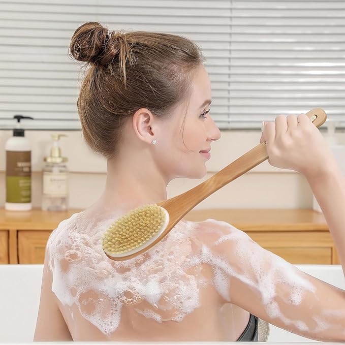 Back Scrubber for Shower, Shower Brush Long Handle with Boar Bristle and Massage Nodes, Exfoliating Body Scrubber for Lymphatic Drainage, Cellulite & Blood Circulation