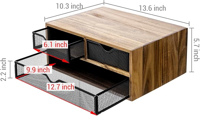 MyGift Premium Acacia Solid Wood Desktop Organizer Box with 3 Removable Black Metal Mesh Trays, Rustic Office Desk Supplies Storage Drawers for Accessories