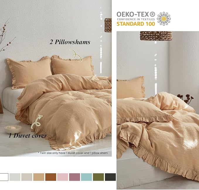 Simple&Opulence 100% Linen Duvet Cover Set, 3 PCS Natural French Flax Sand Ruffle Duvet Cover King Size, Breathable Comfy Linen Bedding Comforter Cover with 2 Pillowcases (Sand, 104" X 92")