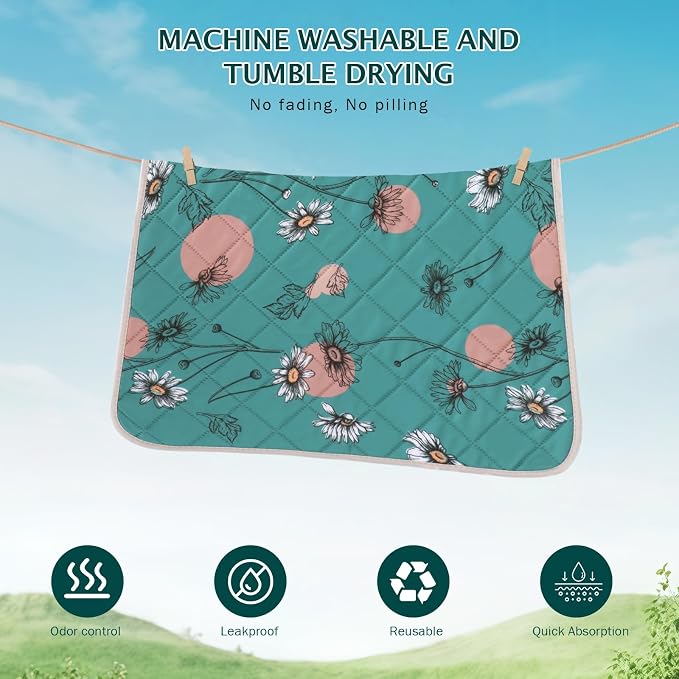 IEUUMLER Washable Pee Pads for Dogs, 2 Pack Non-Slip & Waterproof Pack Whelping Pad, Reusable Washable Puppy Potty Training Pad with Fast Absorbent for Playpen EU007 (Teal Daisy, 36"X24"-2pcs)