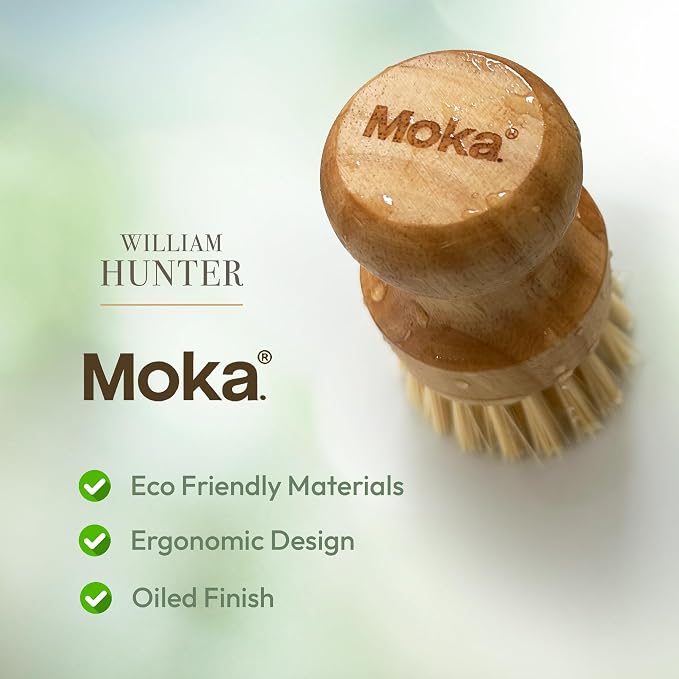 Moka Bamboo Dish Brush - Eco Friendly Scrub Brush with Natural Bristle - Premium Bamboo Dish Scrubber for Kitchen Cleaning, Dishes, Pots, and Pans - Sustainable and Durable (Brush)