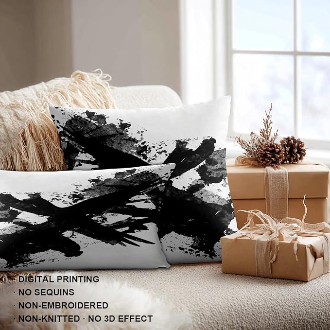 Shrahala Ink Black Hand Painted Decorative Throw Pillow Cover, Graphic White Brush Stroke Lumbar Pillowcase Blended Double-Sided No Inserts for Bedroom Living Room Set of 2 (12 X 20 in)
