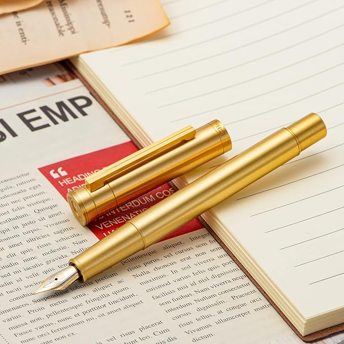 HONG DIAN Forest Pro Raw Brass Fountain Pen, Extra Fine Nib Classic Design Smooth Writing Copper Pen with Converter and Metal Pen Case Set