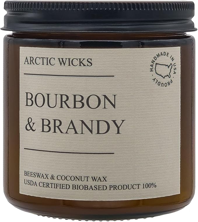 Arctic Wicks Handcrafted Candles | Non Toxic Coconut Beeswax Candles 16oz Double Wick | 100% USDA Certified Biobased, Handmade, Premium Waxes, Non-Toxic (Bourbon & Brandy, 16oz Amber Jar)