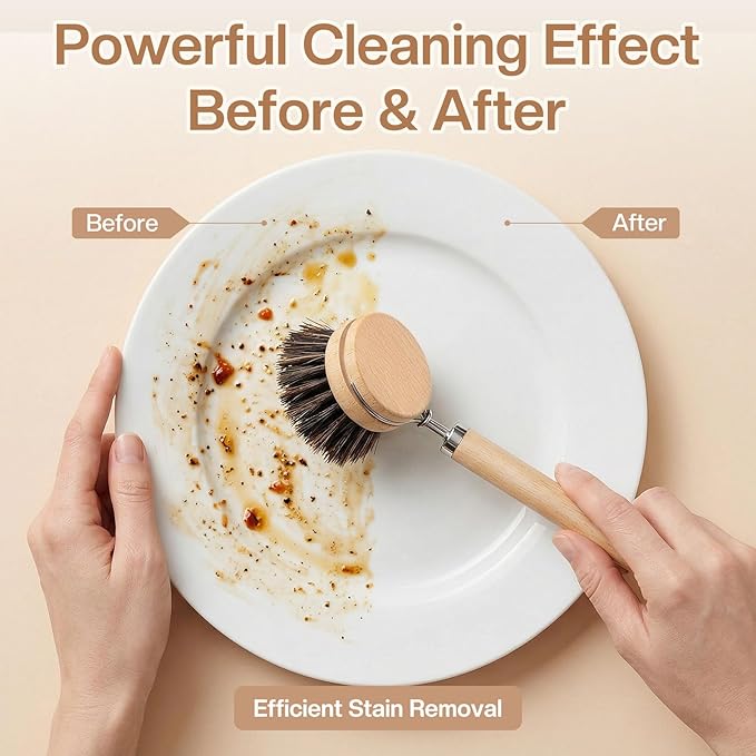 5 Pcs Bamboo Wood Dish Brush Set Includes 1 Wooden Handle with 3 Natural Replaceable Bristle Heads and 1 Handheld Bamboo Wok Brush Scrubber for Dishes Pans Pots Fruit and Veggie Washing(Style A)
