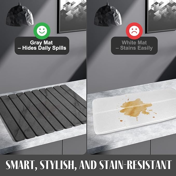 Large Stone Dish Drying Mats for Kitchen Counter, 24"(L)×16"(W) Marble Pattern, Quick Dry Collapsible Dish Drying Mat, Eco-Friendly Absorbent Diatomaceous Earth Mat for Dishes Bottles Cups - Dark Gary