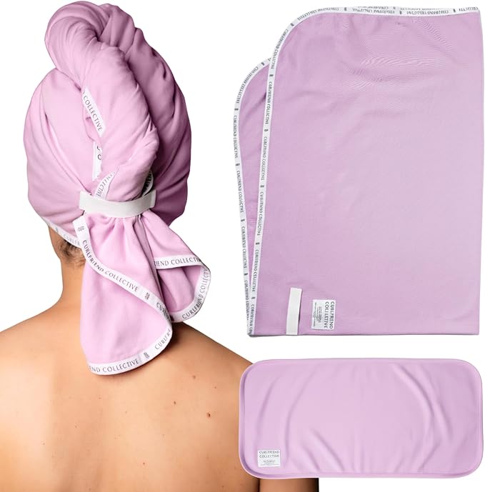 Curlfriend Collective Cotton Cloud T-Shirt Hair Towel Duo – Lilac Locks Hair Towel Wrap for Women, XL + Mini Hair Drying Towels for Curly Hair, No-Slip Plopping Towel, Ultra Absorbent Cotton