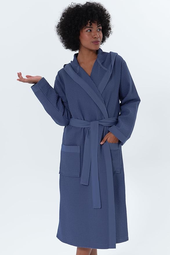 SEYANTE Women's Organic Cotton Waffle Kimono, Hooded Robe – GOTS Certified Lightweight Full-Length Spa Bathrobe with Piping