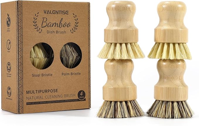 4 Pack Bamboo Dish Brush Set, Natural Palm Dish Scrubber for Pots and Vegetables, Sisal Bristle Bamboo Scrub Brush for Cleaning Dishes and Pans