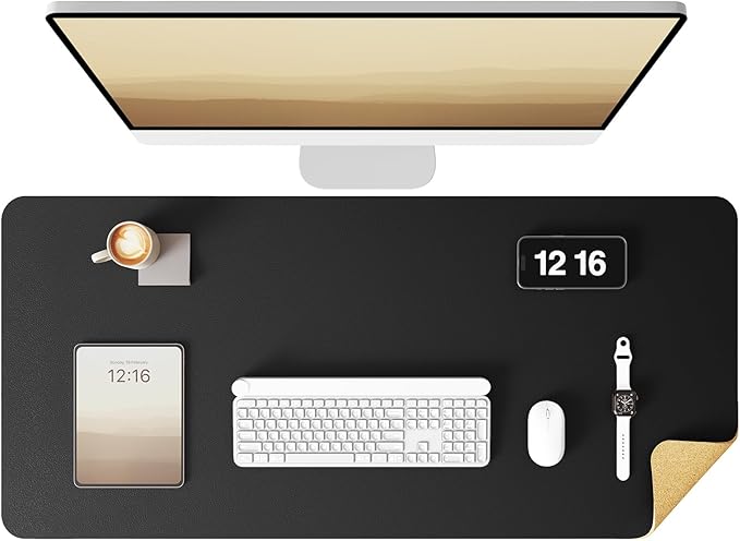 YSAGi Double-Sided Desk Pad, 35.4"x17"Leather Desk Mat, Eco Cork Desk Pad Protector,Large Mouse Pad,Waterproof Desk Blotter for Office/Home(Black)