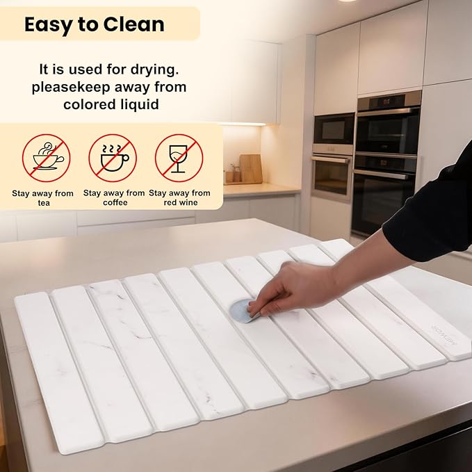 Stone Drying Mat for Kitchen Counter, 24"(L)×16"(W), Collapsible Quick Dry Stone Dishes Mats, Absorbent Diatomaceous Earth Mats for Kitchen, Bathroom
