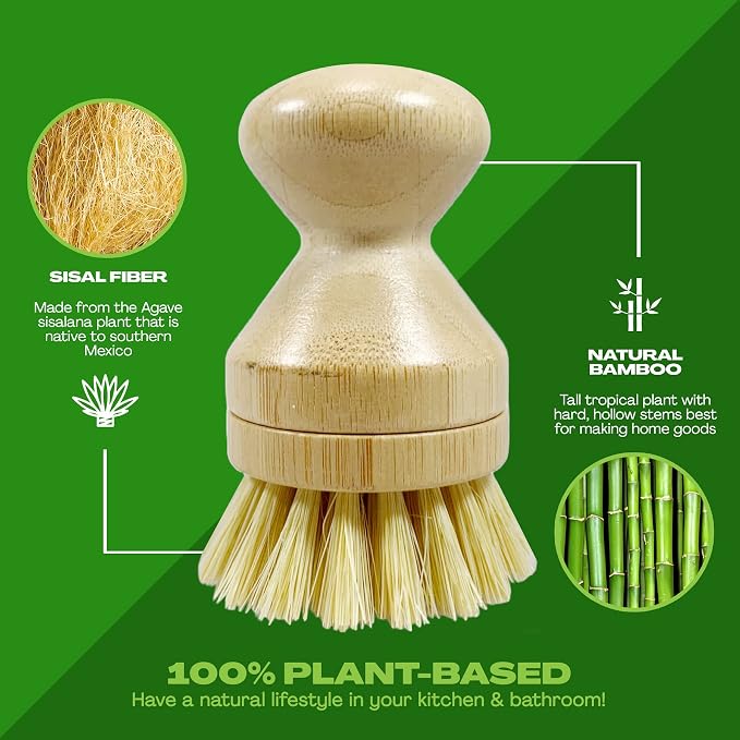 JuneLily Short Sisal Dish Brush Plant-Based for Kitchen Bathroom Cleaning Produce Washing Dishes (Short Dish Brush)