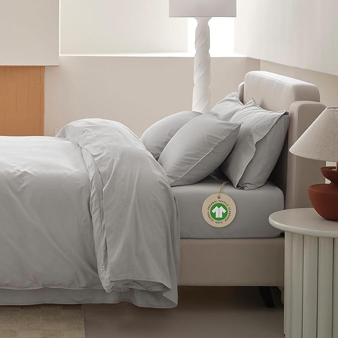 Double Stitch 100% Organic Cotton Sheets, King Size Sheets Set, GOTS Certified Long Staple Cotton Bedsheets, Luxury & Soft Hotel Bed Sheets with 16 inches Deep Pocket, Made in India Light Grey