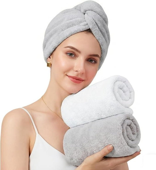 Mandydov 100% Cotton Hair Towel Wrap for Women, 2 Pack Thickened & Super Absorbent Turbans, Anti Frizz Quick Dry Hair Towels (White, Gray)