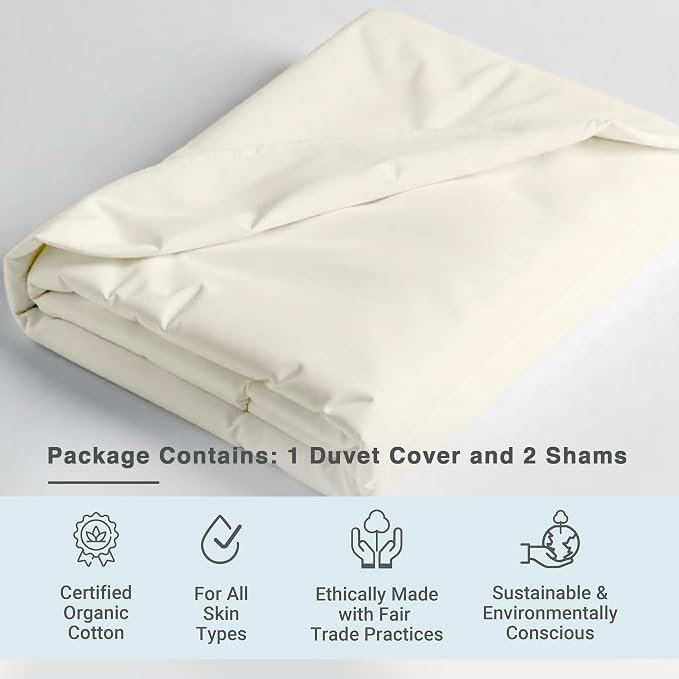 Fabdreams GOTS Certified 100% Organic Cotton Duvet Cover Queen Size - 400 TC Sateen - Soft - Silky - Button Closure - Edge Ties - 1 Duvet Cover (90"x92")+2 Pillow Shams (20"x26") - Ivory