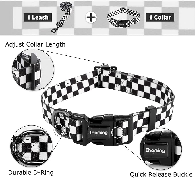 Ihoming Dog Collar and Leash Set for Daily Outdoor Walking Running Training, Chess Board Design for Small Boys Girls Dogs Cats Pets, S-Up to 20LBS