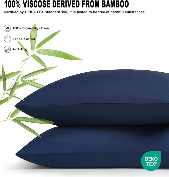 100% Rayon Derived from Bamboo Pillowcases Queen Size Set of 2, Double Stitching Durable Cooling Pillow Cases, Navy 20x30 Inches