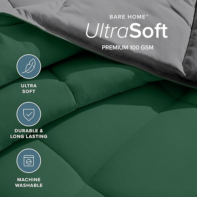 Bare Home Full Comforter - Reversible Colors - Goose Down Alternative - Ultra-Soft - Premium 1800 Series - All Season Warmth - Bedding Comforter (Full, Grey/Forest Green)