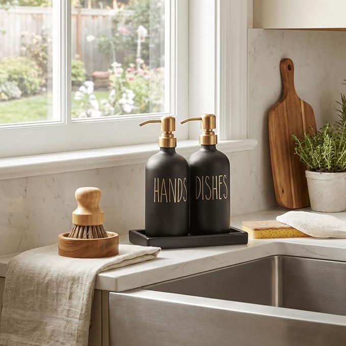 MOMEEMO Black and Gold Soap Dispenser for Kitchen Sink, Hand and Dish Soap Dispenser Set with Ceramic Tray, Suitable for Black and Gold Kitchen Decor. (Black & Gold)