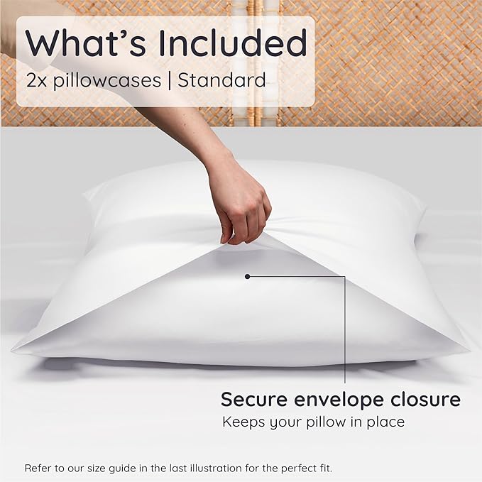 Bambaw 100% Viscose Derived from Bamboo Pillowcase Standard Size – Set of 2 Cooling Pillow Cases for Hot Sleepers, Breathable & Good for the Skin, Cooling Pillow Cover with Envelope Closure (White)