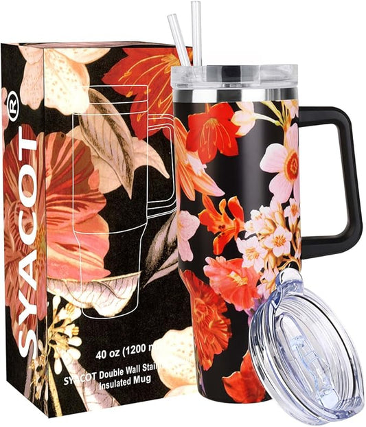 SYACOT 40 oz Tumbler with Handle and Straw Stainless Steel Insulated Tumbler Leak Proof Lid and Straw Lid Reusable Travel Mug Coffee Mug Cup Dishwasher Safe Keep Drinks Cold and Hot (Jasmine)