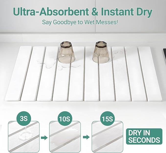 Large Stone Dish Drying Mats for Kitchen Counter, 23"L×15"W, Super Absorbent Fast Drying, Collapsible Diatomaceous Earth Dish Drying Mat - Rectangular, White