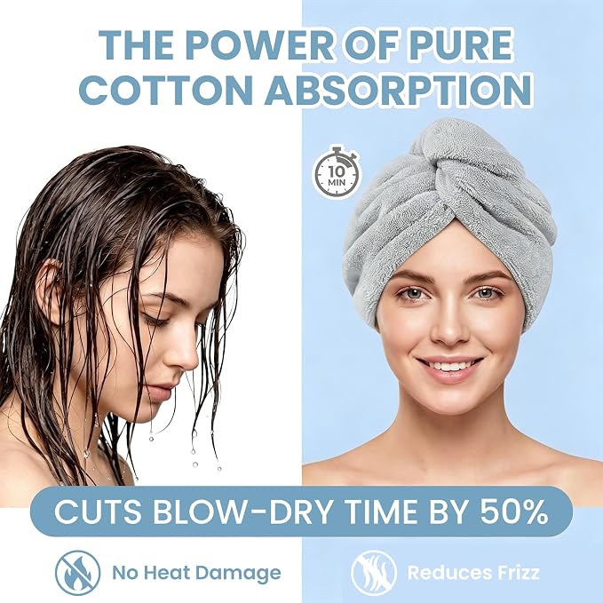 Mandydov 100% Cotton Hair Towel Wrap for Women, 2 Pack Thickened & Super Absorbent Turbans, Anti Frizz Quick Dry Hair Towels (Blue, Gray)