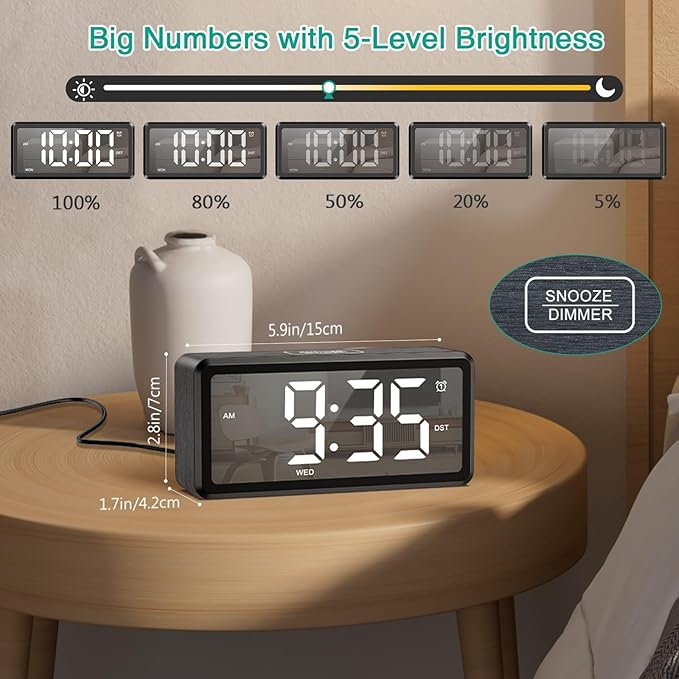 ORIA Wooden Digital Alarm Clock, LED Mirror Desk Clock with Dual Alarms, Snooze, Adjustable Brightness & Volume, Week, DST, for Bedroom Bedside Office