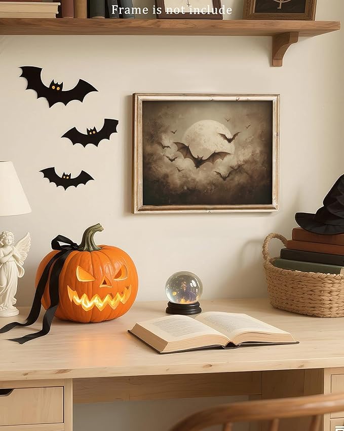 Vodefoad Vintage Halloween Bat Print, Retro Full Moon Gothic Wall Art, Bats Flying in the Dark Night Sky, Eerie Elegance and Classic halloween Mystery,Moody Night Halloweens Wall Decor for Living Room, Bedroom, Bathroom, Holiday Gift - 8x10 Inch Unframed