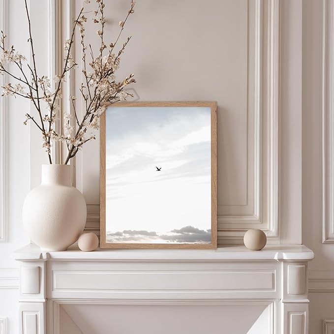 Monem Art Minimalist Bird in Sky Photography Print - Moody Nordic Landscape Art Poster - Wall Decor for Living Room, Bedroom or Office - 12x16 Beige Framed Wall Art by Mareike Bohmer