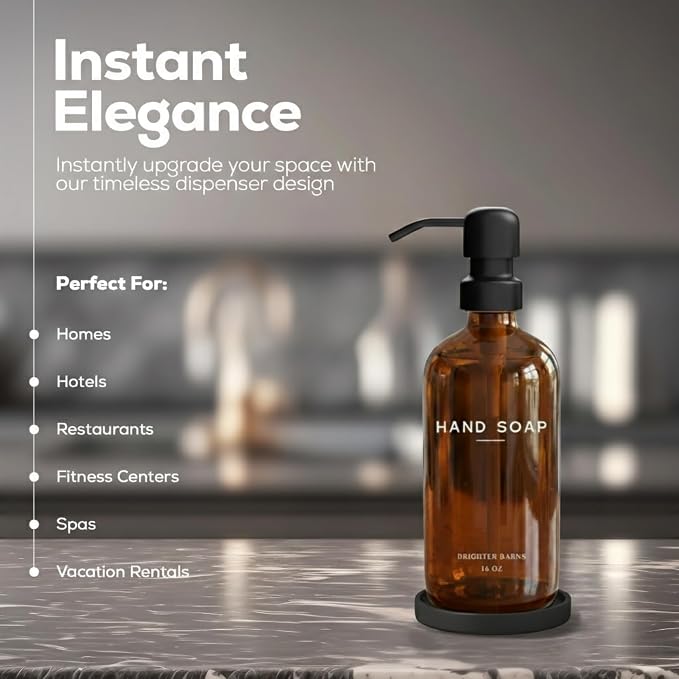 Amber Glass Hand Soap Dispenser Bathroom Set by Brighter Barns - Refillable Liquid Hand Soap Dispenser Tray and Pump Set for Kitchen - Modern Bathroom Decor & Accessories for Airbnb, RV, Hotel (Amber)