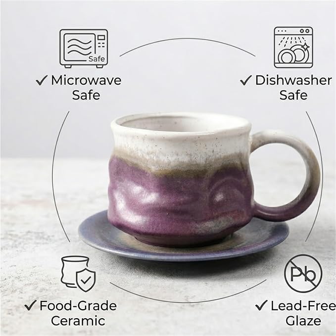 Handmade gradient ceramic coffee cup and saucer set, 8-ounce ceramic mug, distinctive glaze technology, microwave/dishwasher safe for coffee, tea, latte, rustic craftsman style(Gradient purple)