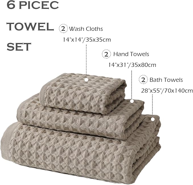 SK Studio 6 Piece Cotton Waffle Bath Towel Set - Absorbent Quick Dry with 2 Bath Towels, 2 Hand Towels, 2 Washcloths for Spa - Khaki