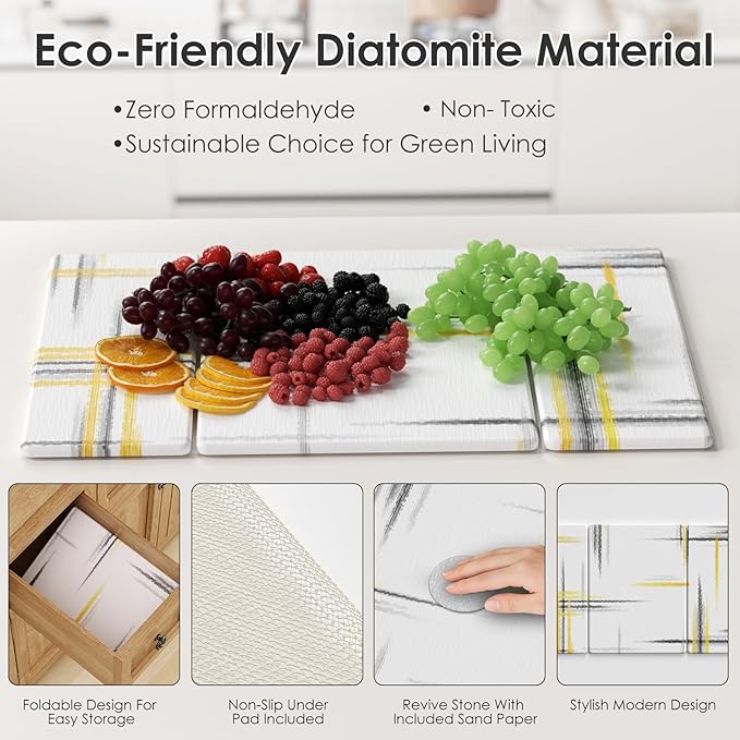 3 PCS Large Stone Dish Drying Mat for Kitchen Counter -24"x16" Absorbent Diatomaceous Earth Mat with Stone Faucet Mat & Soap Tray - Quick Dry, Collapsible, Non-Slip Countertop Organizer