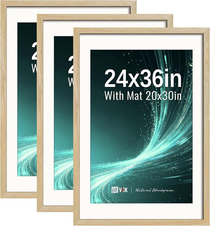 VCK 24x36 Poster Frames Natural - 3 Pack, Wide Border Solid Wood, Display 20x30 Photo with Mat or 24 x 36 Picture Without, for Home, Office, Gallery, Woodgrain Series, Wall Hanging