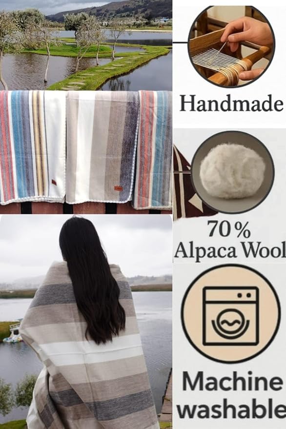 Alpaca Wool Throw Blanket, Natural Beige Striped, Queen (95" x 65") | Cozy, Ultra-Soft & Naturally Warm, Lightweight & Breathable, Non-Itchy, Perfect for Sofa, Bed or Travel