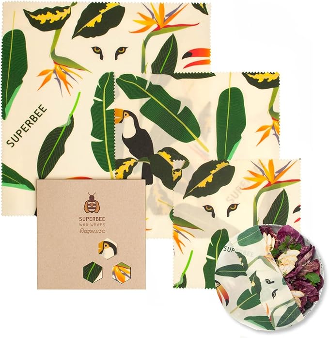 SUPERBEE Beeswax Wrap for Food, Set of 3 Bees Wax Wraps, Reusable for Wrapping Vegetables, Cheese Paper, Bowl Covers and Sandwich Wrapping Paper, Beeswax Food Wrap (Jungle)