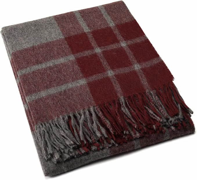 Superfine Alpaca Wool Throw Blanket - Lightweight Alpaca Merino Wool Throw Blankets | Soft Peruvian Alpaca Blanket Wool Blanket Scottish Design 70" x 60" (Dark Burgundy/Charcoal Gray/Gray)
